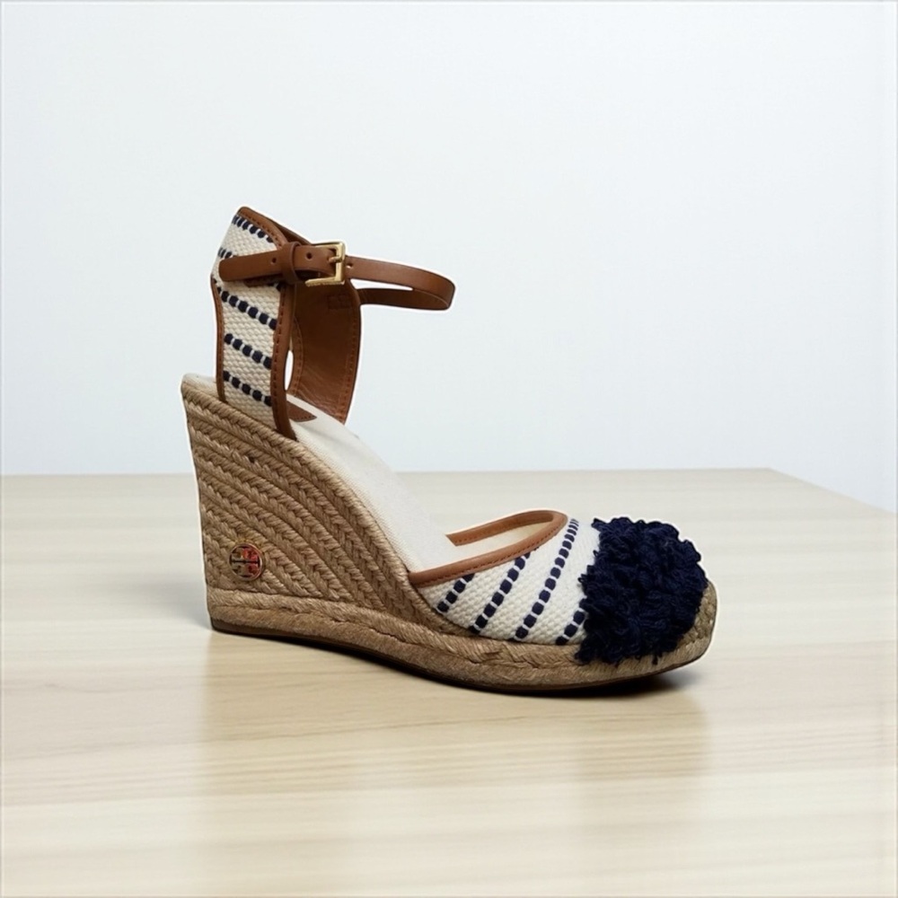 Tory Burch Shaw Wedge Espadrille Woven Wedge Ivory & Navy Size 6.5